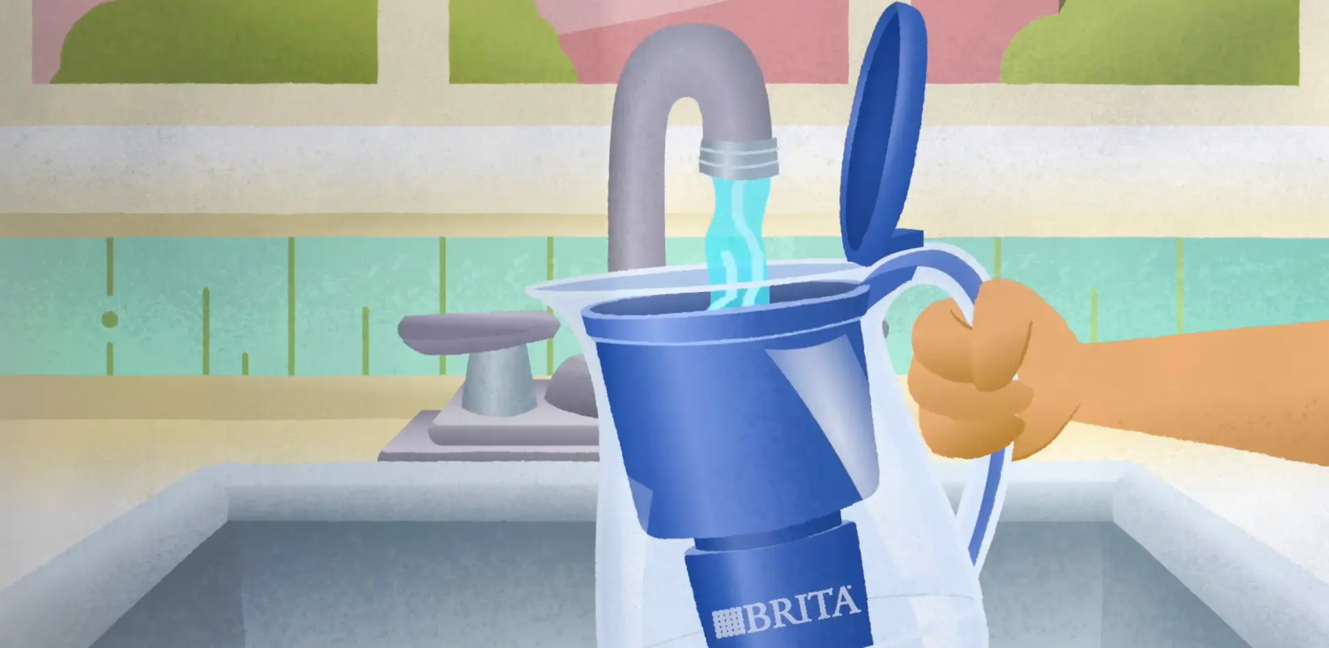 A person fills a Brita water filter pitcher from a kitchen faucet, with colorful kitchen tiles in the background, captured for the Sales Content Library.
